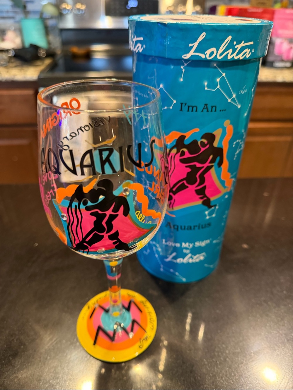 Lolita Aquarius Wine Glass in Turquoise, Pink, Orange, Yellow & Black